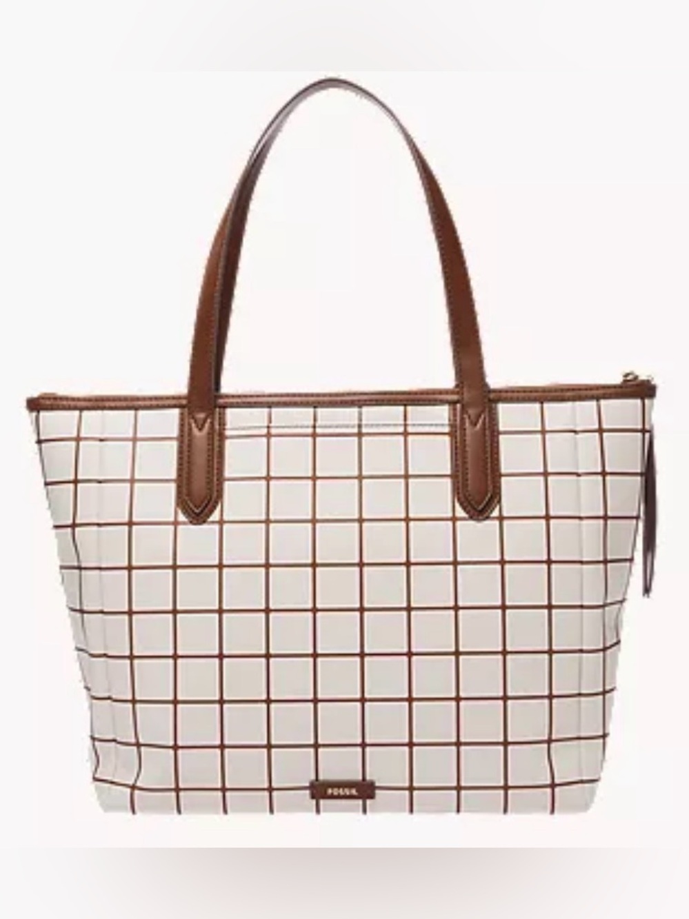 Fossil Cream Tote with Brown Grid and Leather Handles